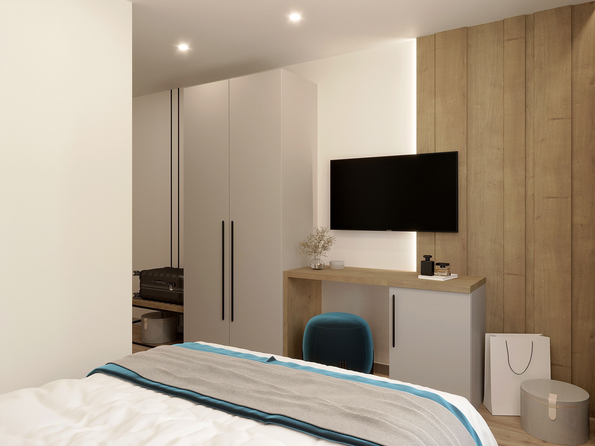 Standard double hotel room interior design 3d rendering