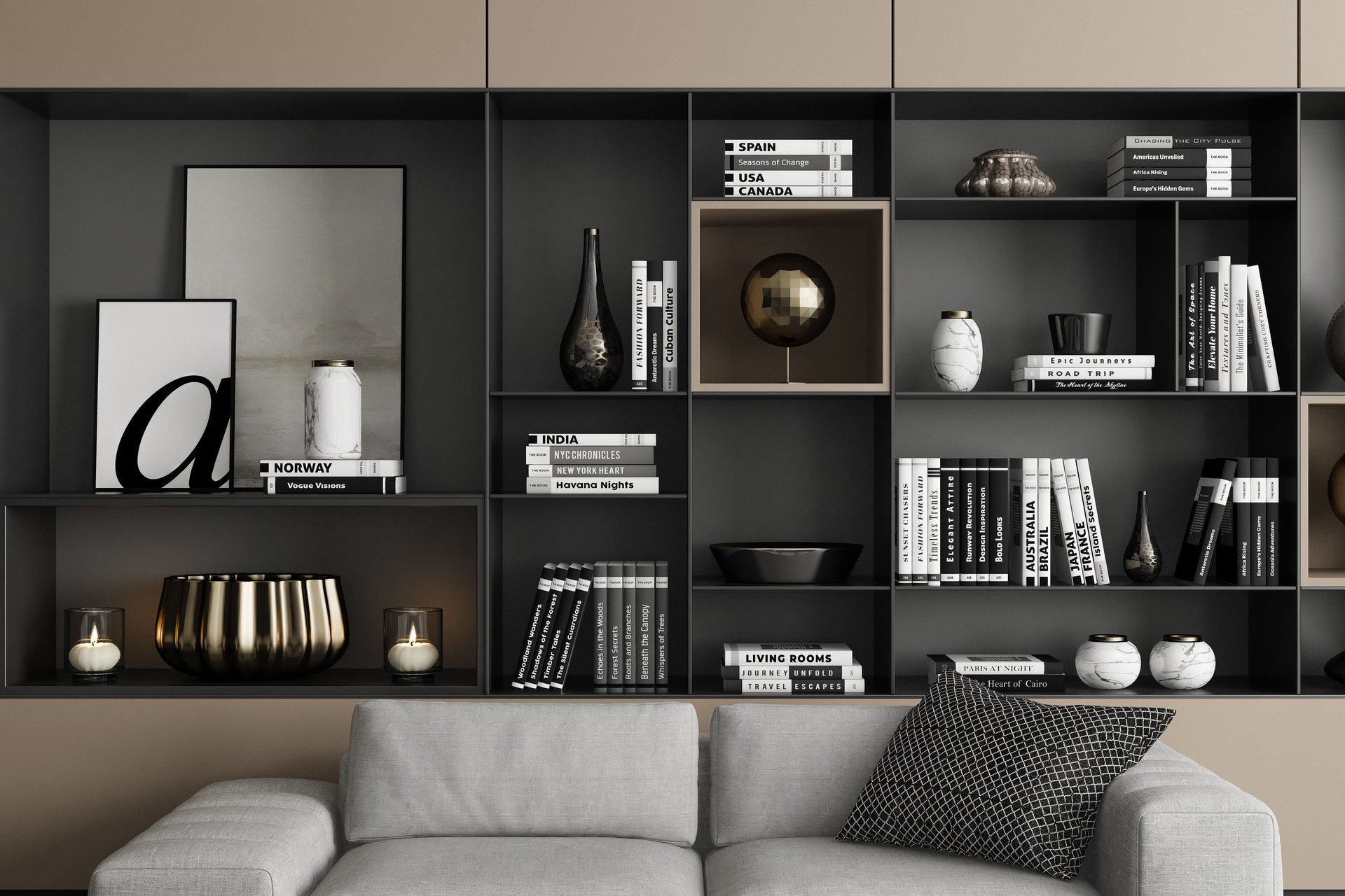 Modern Luxury Living Room with Light Beige Metal Accents Shelves and Wall Paneling